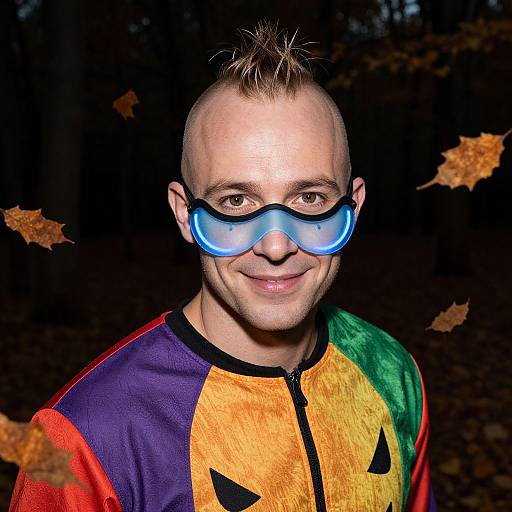 Photograph of a bald man with a spiky topknot, wearing blue reflective goggles and a colorful, Halloween-themed sports jersey, set against a
