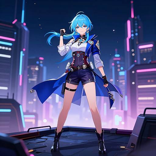 Cyberpunk Blue-Haired Hero Rooftop