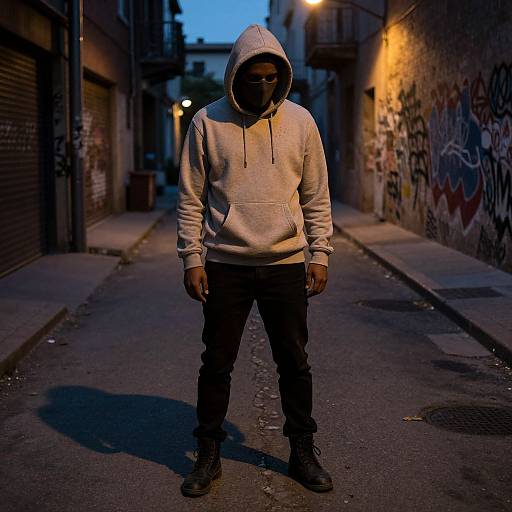 Photograph of a silhouetted man in a hooded beige sweatshirt and black pants, standing on a dimly lit, graffiti-covered alley