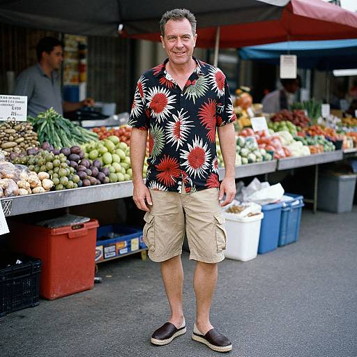 Photograph of a middle-aged man with short gray hair, smiling, wearing a black floral shirt, beige cargo shorts, and brown slides, standing at