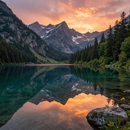 Photograph of a serene mountain lake at sunset, reflecting vibrant orange and pink sky, surrounded by pine trees and rocky shores.