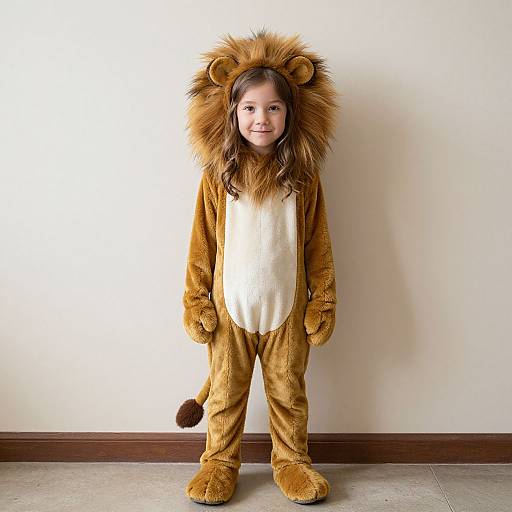 Photograph of a young girl with long brown hair, wearing a cute lion costume with a fluffy mane, brown fur, and white chest, standing against