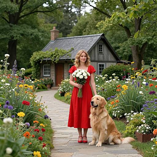 Photograph of a smiling blonde woman in a red dress holding white flowers, standing on a stone path with a golden retriever, surrounded by colorful garden