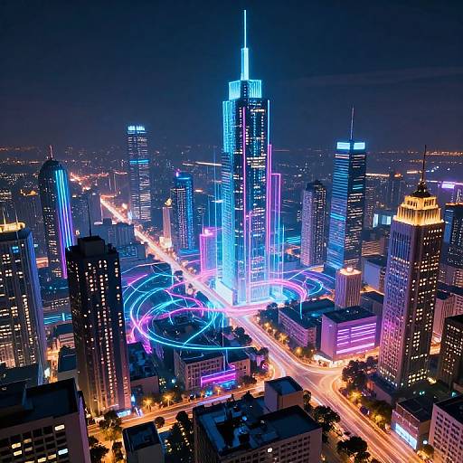 Aerial nighttime photograph of a neon-lit cityscape with vibrant blue, pink, and white lights on skyscrapers, illuminated traffic loops, and