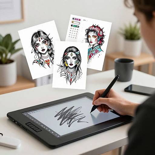 Artist's hand draws on tablet, surrounded by four ink sketches of diverse women with bold expressions on white background. Bright, modern workspace.