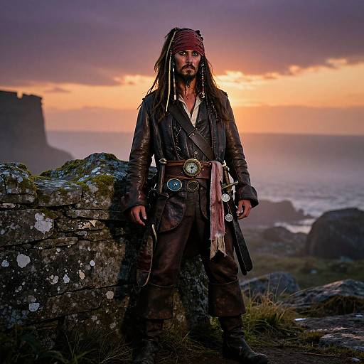 Photograph of a rugged pirate with long dreadlocks, brown leather outfit, red headband, standing against a sunset-lit cliffside. Background includes