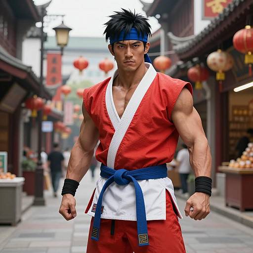 Muscular Asian Martial Artist in Urban Chinese Market