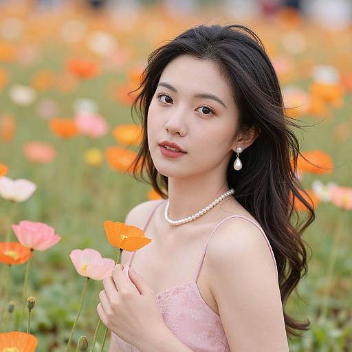 Photograph of an Asian woman with long black hair, wearing a pink lace dress, pearl necklace, and earrings, holding an orange poppy in a