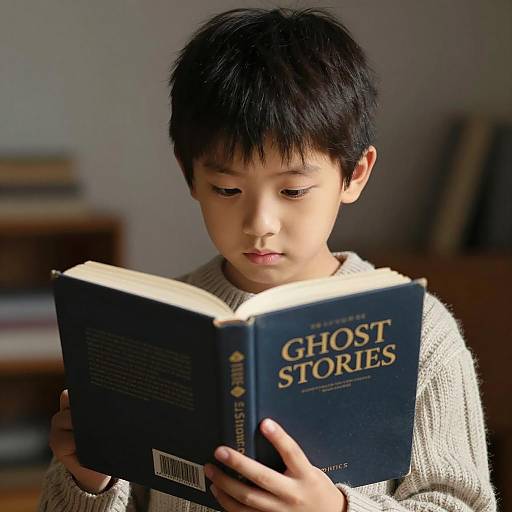 Young Boy Reading Ghost Stories Intently