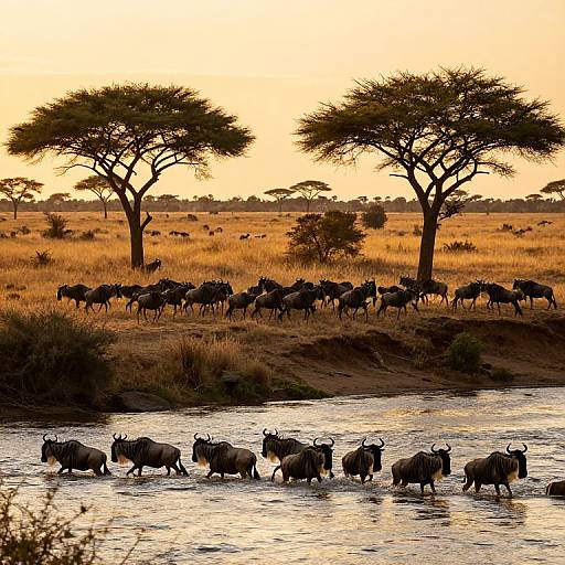 Photograph of a sunset on an African savanna, showing a herd of wildebeest crossing a river in the foreground, with a larger group