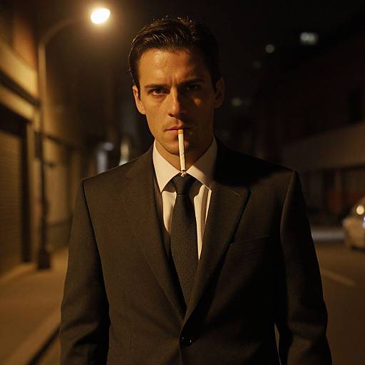 Photograph of a serious, dark-haired man in a black suit, white shirt, and black tie, holding a cigarette in his mouth, standing on