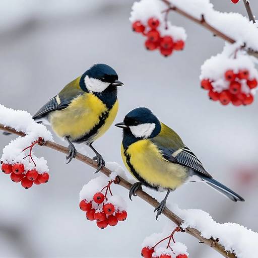 Great Tits on Snowy Berry Branch