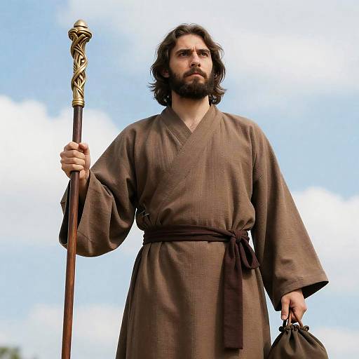 Serious Man in Brown Robe with Staff