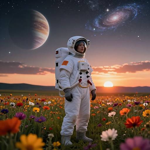 Female Astronaut in Alien Flower Field