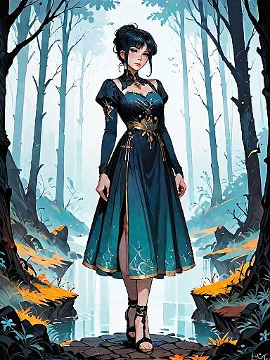 Dark Fantasy Woman in Emerald Green Medieval Dress