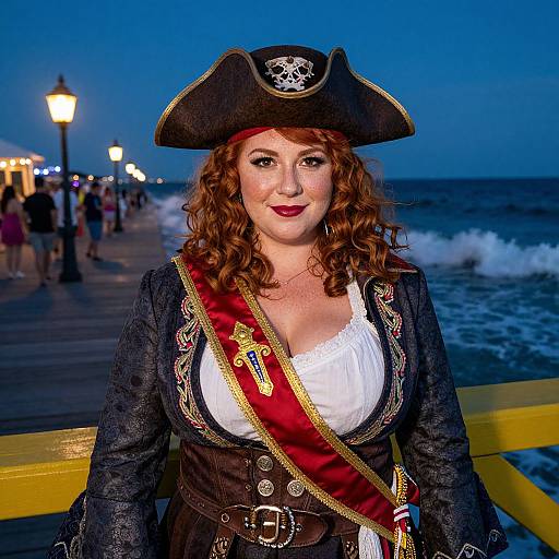 Photograph of a curvy, fair-skinned woman with curly red hair, wearing a pirate costume, including tricorn hat, white blouse, and