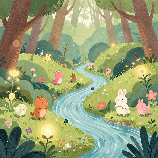 Whimsical forest illustration: colorful animals (fox, bunny, cat) by a winding blue stream, surrounded by vibrant flowers and glowing fireflies.