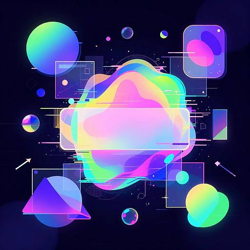 Digital abstract art: Vibrant, multicolored orbs and geometric shapes in neon pink, blue, yellow, and green on a dark background.