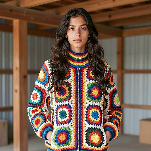 Young Woman in Colorful Crocheted Jacket