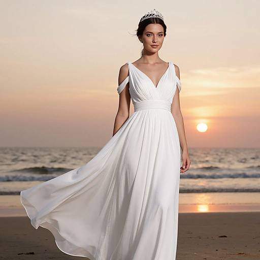 Young Woman in Flowy Beach Wedding Dress