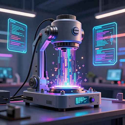 Photograph of a futuristic, neon-lit machine emitting glowing blue and purple lights, surrounded by holographic screens displaying code.