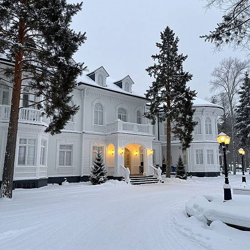 Snow-covered Victorian mansion with white facade, tall pine trees, warm yellow lanterns, and a grand entrance, set against a winter evening sky.