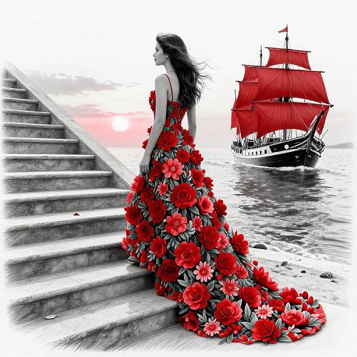 Woman in red floral dress stands on steps, gazing at a red-sailed ship, digital art, monochrome background with red accents.