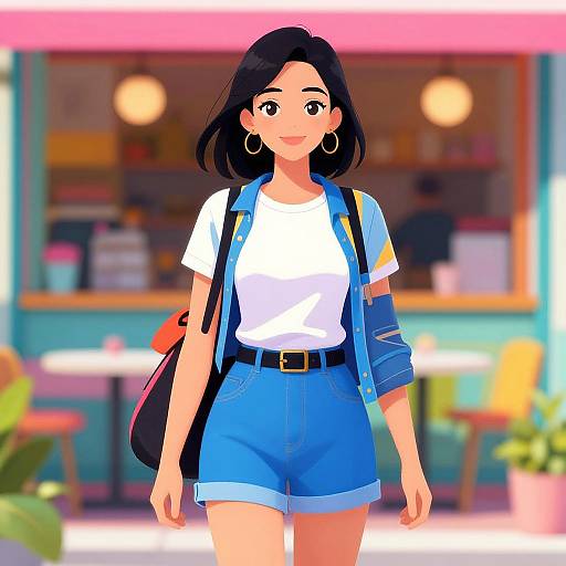 Digital anime-style drawing of a smiling woman with black hair, wearing a white shirt, blue shorts, and a blue jacket, standing outside a colorful café