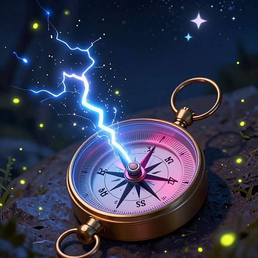 Magical Compass with Lightning and Fireflies