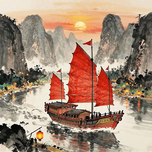 Shanshui Ink Painting of Chinese Junk