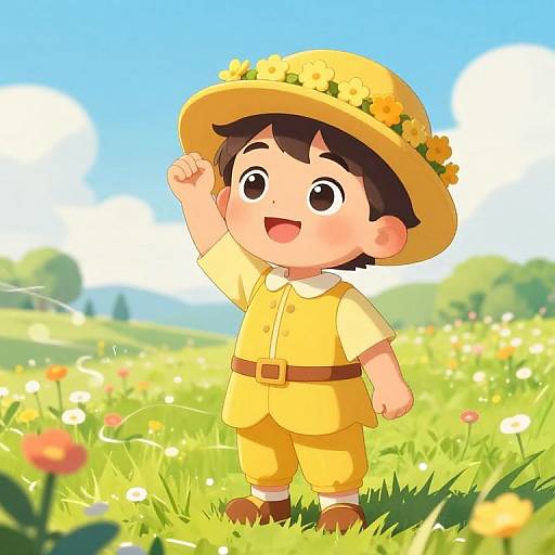 Cute anime-style child in yellow outfit and hat, smiling with raised hand, standing in sunny meadow with colorful flowers and blue sky. Digital art