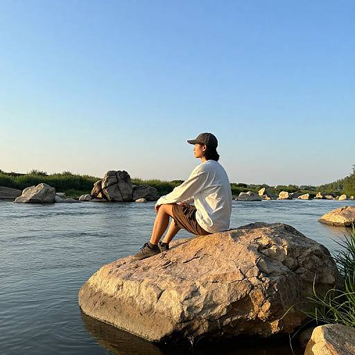 Photograph of a man in a white shirt and brown shorts, sitting on a large rock by a calm river, under a clear blue sky, with