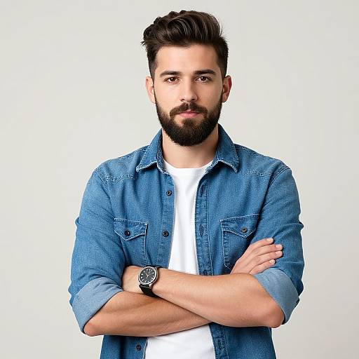 Photograph of a handsome, bearded man with dark hair, wearing a blue denim shirt over a white t-shirt, arms crossed, black watch on