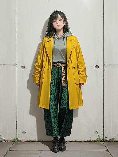 Woman in Mustard Yellow Coat and Leopard Print Trousers