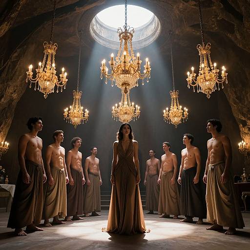 Photograph of a dark, ornate room with five shirtless men in togas surrounding a woman in a long, flowing gown, illuminated by multiple