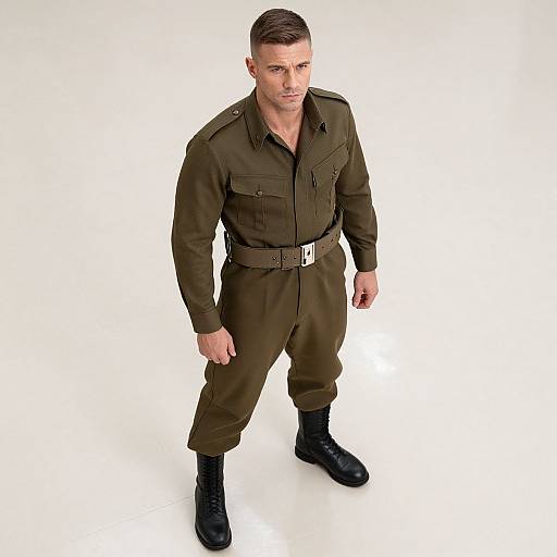 Photograph of a muscular, short-haired man in a dark green military-style uniform with belt, black boots, and white background.