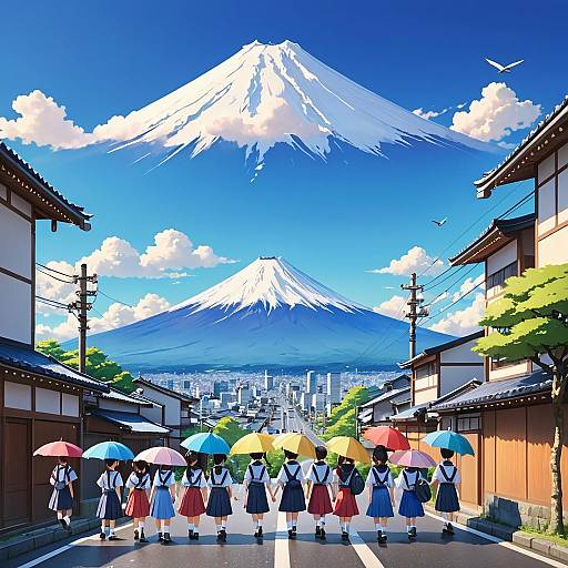 Schoolchildren with Umbrellas near Mount Fuji