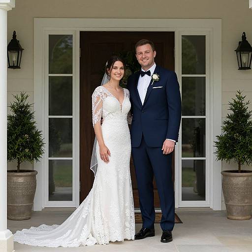 Photograph of a smiling bride in a white lace dress and veil, standing beside a groom in a navy suit with a white bow tie, in front