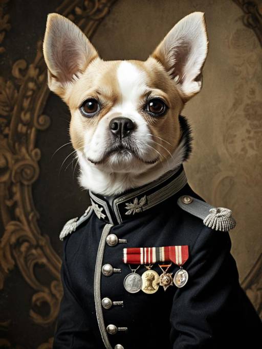 Small Dog in Vintage Military Uniform Portrait