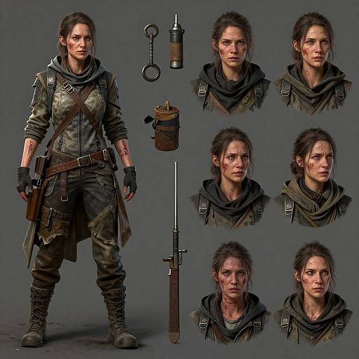CGI character design: tough, scarred woman in rugged, military-style clothing with various expressions and accessories (gun, cuffs, dagger, pouch)
