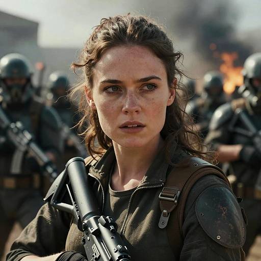 Photorealistic CGI of a determined, freckled young woman with brown hair, wearing military gear, holding a rifle, amidst a chaotic battlefield with