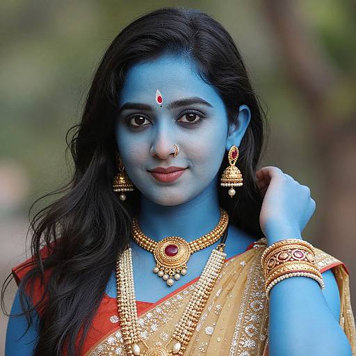 Photograph of a woman with blue-painted skin, wearing traditional gold jewelry, red saree, and red bindi, set against a blurred green