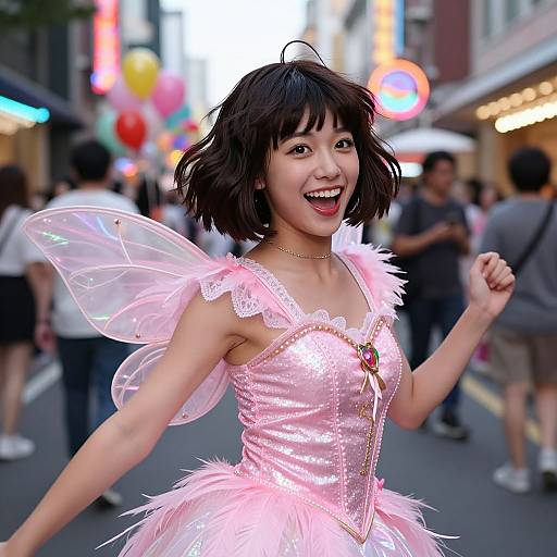 Photograph of a smiling Asian woman with short black hair, wearing a pink sparkly fairy costume with transparent wings, dancing on a busy city street at