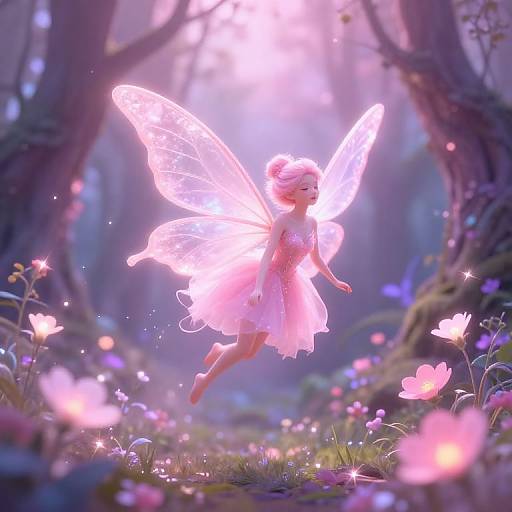 Digital fairy art: Glowing pink fairy with translucent wings floats in a magical forest, surrounded by pink flowers and ethereal light.