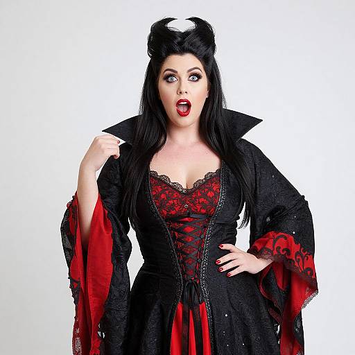 Photograph of a pale-skinned woman with black hair in a Gothic vampire costume, black lace corset, red accents, dramatic makeup, and bat