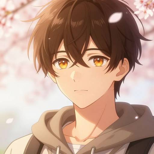 Anime-style digital drawing of a young man with brown hair, amber eyes, and a light gray hoodie, set against a soft, glowing background with white