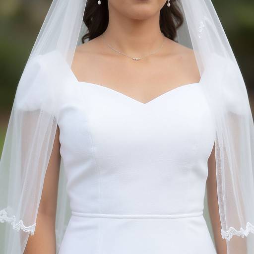 Photograph of a woman in a white bridal gown with a sheer, lace-trimmed veil, wearing a delicate necklace, blurred green background.