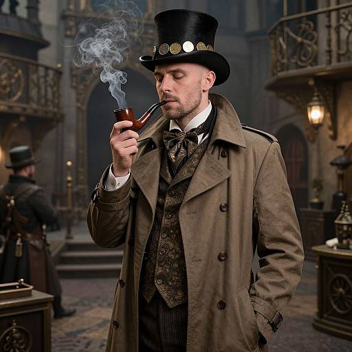 Steampunk man in brown coat, black top hat with brass buttons, smoking pipe, Victorian-style background with ornate balconies and lamps.
