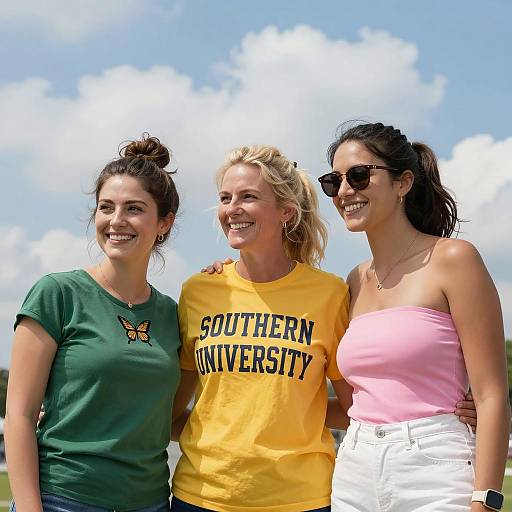 Three Friends Smiling Under Blue Sky