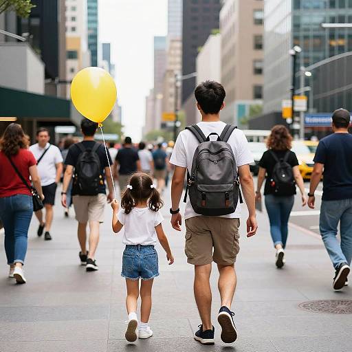 Photograph of a man and young girl walking on a bustling city sidewalk, the girl holding a yellow balloon, surrounded by diverse pedestrians. Urban background with